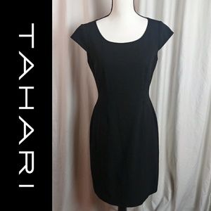 Tahari Size 4 Solid Black Midi Dress